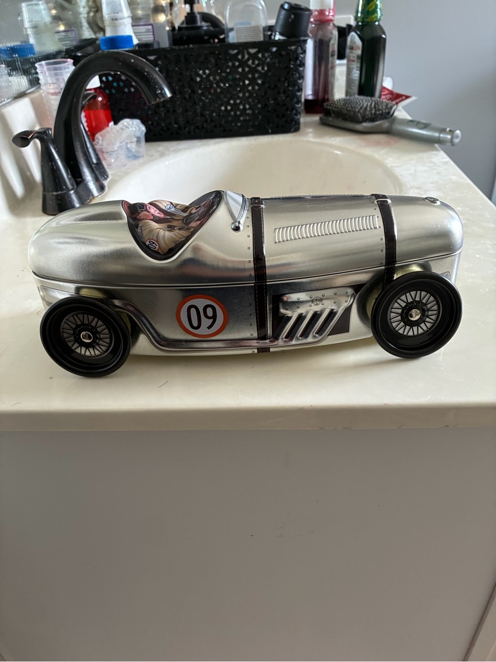 Silver Crane Company Race Car #09 Storage Tin 11" - Vintage Silver Litho Tin -